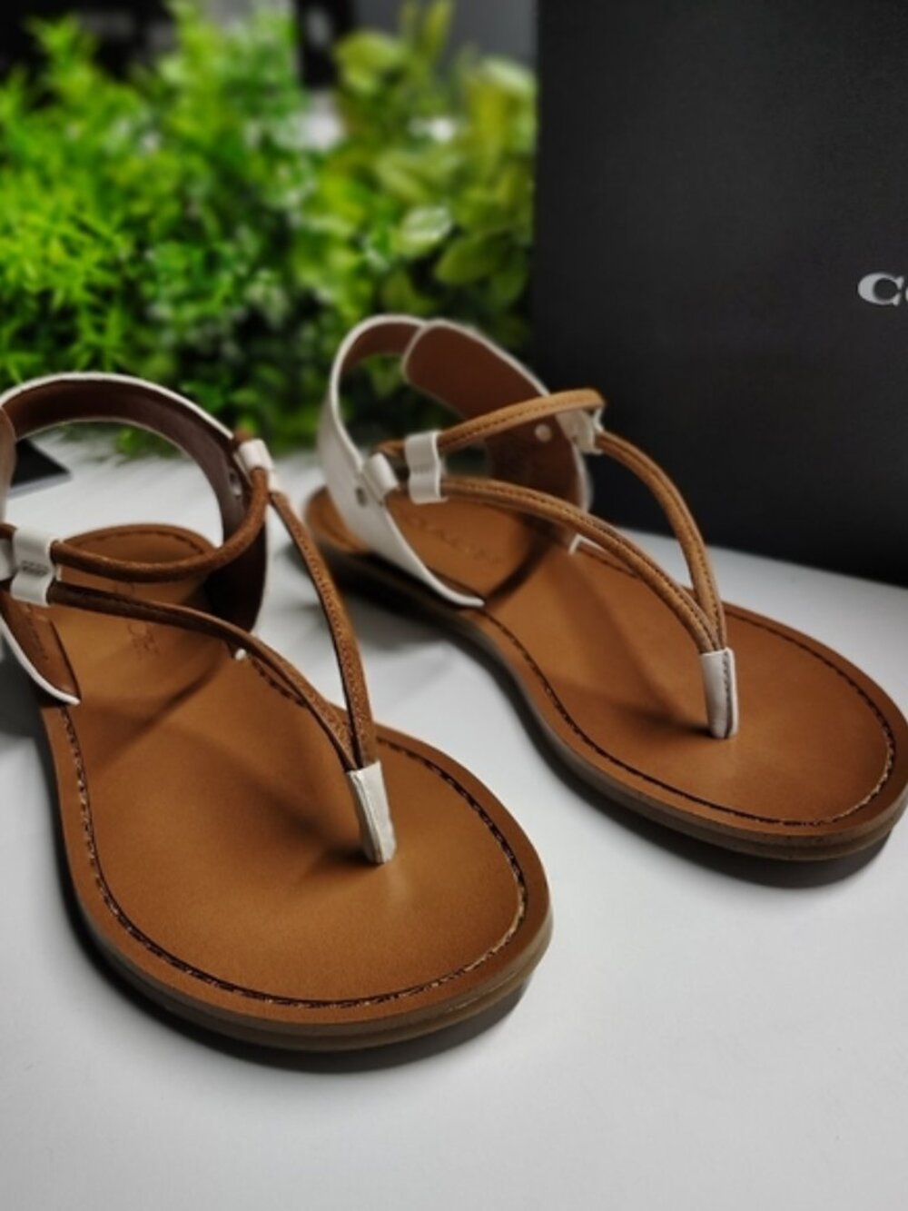 Coach Clarkson Thong Sandal | Soft Leather in Chalk & Saddle | Size 5M | Style Q